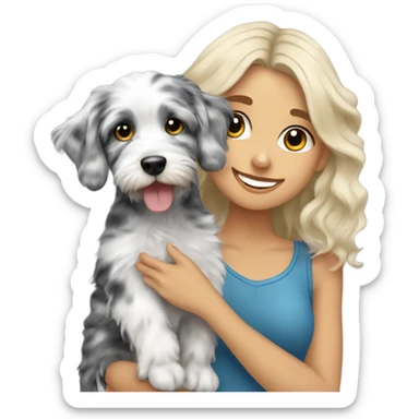 Blonde girl holding blue Merle aussiedoodle  sticker