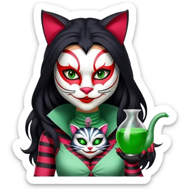 a deadly woman with tan skin, long black hair, wearing a white Cheshire cat mask with red stripes. She’s dressed in a sleek green assassin outfit and holds poison-tipped claws. sticker