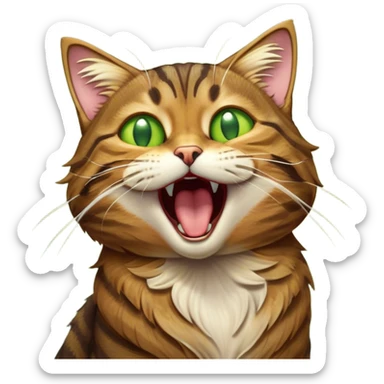 Cinematic Cute Yawning Brown Tabby Cat Portrait Emoji, Head tilted slightly with a dramatic, wide-open yawn, soft brown fur with bold tabby markings, long whiskers stretching forward, golden-green eyes barely open in drowsy contentment, Simplified yet irresistibly adorable features, highly detailed, glowing with a soft, cozy glow, high shine, relaxed yet expressive, stylized with a touch of whimsy, bright and endearing, soft glowing outline, capturing the essence of a sleepy yet affectionate kitty, so drowsy it feels like it could stretch right out of the screen and curl up for a nap! sticker