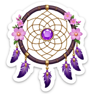 A white-circle-framed Dreamcatcher, with purple-round-orb-stones, gold-ring-accents, purple tint flowers, pink sakura flowers, sticker