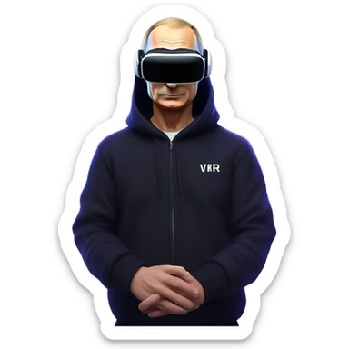 Vladimir Putin wearing a black hoodie with "OMG" letters on it and VR headset oculus quest 2 in a cyberpunk VR environment with violet neon lighting. sticker
