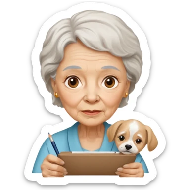 An elderly woman sketching, art board,nice picture, puppy face. sticker
