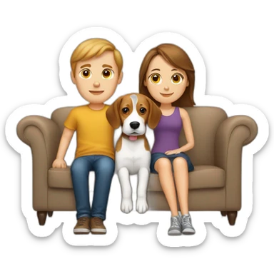 Brown hair White boy and girl with beagle Sit on couch sticker