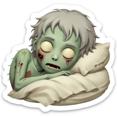 Meme-Worthy Cute Sleeping Zombie Portrait Emoji, with a delightfully quirky, slightly disheveled decaying face in soft ashen hues, head tilted back in peaceful, relaxed sleep with softly closed eyes and a tiny, endearing smile, simplified yet irresistibly charming, highly detailed with a soft eerie glowing outline that captures the gentle, unexpected cuteness of a zombie in serene repose! sticker