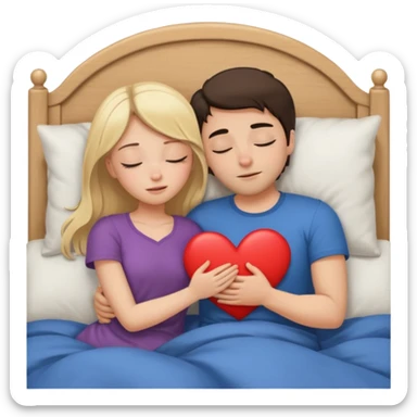 cuddling in bed, asleep. blonde girl. brunette man. eyes closed. heart between them. no headboard sticker