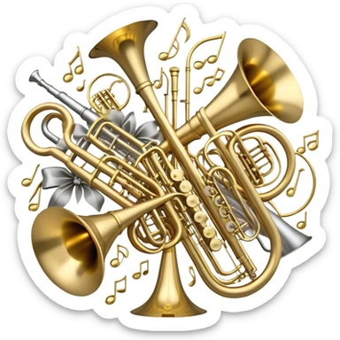 Create a festive and elegant emoji collage featuring a bouquet or fan of brass instrument bells (trumpets, saxophones, trombones, tubes, etc.) arranged in a radiant, symmetrical pattern. The instruments should have polished, golden and silver finishes, with their large, shiny bells forming a beautiful, fan-like display. Include a flowing ribbon of musical notes swirling through the center, conveying movement and melody. The background should feature a deep red velvet texture, adding a touch of luxury and sophistication. The overall composition should be balanced, with an elegant and regal feel, with a transparent background to keep focus on the instruments and musical elements. sticker
