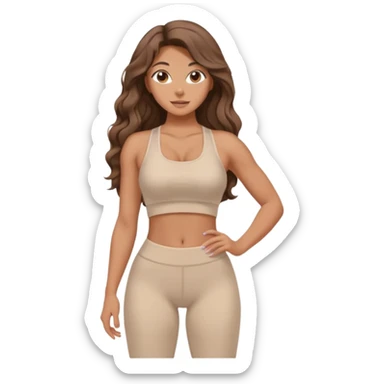 Create dream body girl with big glute and small waist and brown wavy long hair with pastel beige gym clothes  sticker