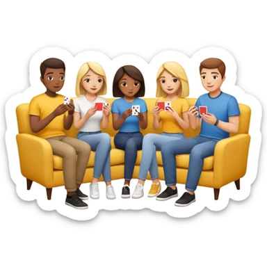 group of friends on couch playing a card game couch should be deep yellow color sticker