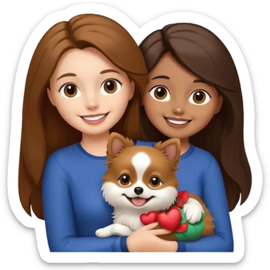 Create a high-quality emoji illustration of a woman with long brown hair, smiling, holding a small Pomeranian dog. The dog’s face is mostly black with a white line centered from the nose to the mouth. Minimalist emoji style, smooth lines, bright but natural colors.” sticker