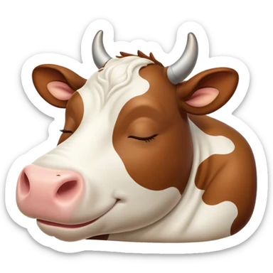 Meme-Worthy Cute Sleeping Brown and White Cow Portrait Emoji, Head resting peacefully with a contented smile, showcasing a robust build and a luxuriously soft patterned hide of brown and white, eyes shut in a serene, restful nap, Simplified yet hilariously adorable features, highly detailed, glowing with a soft, drowsy light, high shine, relaxed and utterly lovable, stylized with an air of playful laziness, bright and heartwarming, soft glowing outline, capturing the essence of a comically sleepy cow, so meme-worthy it feels like it could instantly become the next viral sensation of adorable slumber! sticker