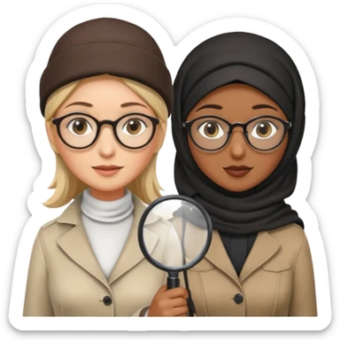 one white woman with hijab and glasses detective + one black woman without hijab and glasses detective  hand lens in one hand, hat etc sticker