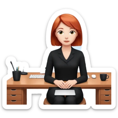 “Video call therapy session: red-haired therapist with short hair wearing black minimalist clothing, seated in a professional home office, looking at the webcam; client with long hair wearing all-black outfit visible on screen; calm, modern teletherapy setting sticker