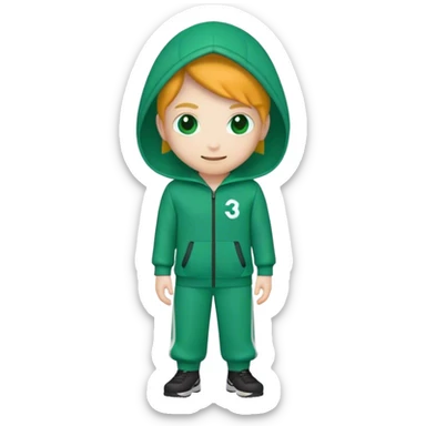 "Squid Game player emoji, green tracksuit with number 333, sly smile, representing manipulation, sticker