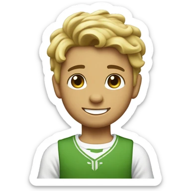 Un niño con el pelo rizado y moreno, con los ojos verdes y una sonrisa que le falta un diente tiene varias pecas por la cara y va vestido con un peto vaquero y una camiseta por dentro del peto, de color blanca. sticker