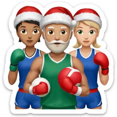 3 atletas, um homem no meio e duas mulheres com cores de pele diferentes, usando elementos esportivos, bola de futebol, luvas de luta e bola de vôlei. Coloque um chapéu de papai noel das cores verde e com roupas azul e branco sticker