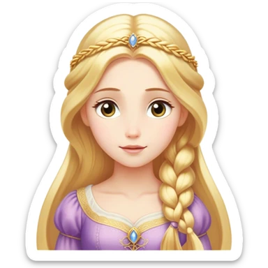 Cinematic Serene Rapunzel Portrait Emoji, rendered in a simplified vector style. Depict a gentle Rapunzel (chest and above) with delicate porcelain skin and long, shimmering golden hair, her expression calm and reflective, dressed in her traditional attire. The image is imbued with a soft, luminous glow and a subtle glowing outline. sticker