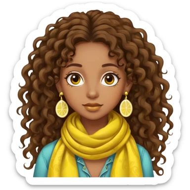 bohemian style girl, brown skin, long brown curly hair tied high, lemon yellow scarf, round earrings sticker