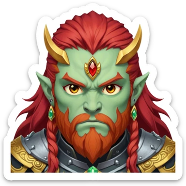 Ganondorf, pale green skin, golden irises, black pupils, long layered red hair, short thick red beard matching hair, no mustache, thick red eyebrows color matching to hair, scowling, angry, stoic, dark armor, demon armor, large ornate forehead jewelry, topaz jewel on forehead sticker