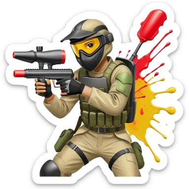 A paintball player in full gear, aiming a paintball gun with focus and determination. The scene includes vibrant splashes of paint and a dynamic battlefield setting, emphasizing action, strategy, and teamwork in a competitive environment sticker