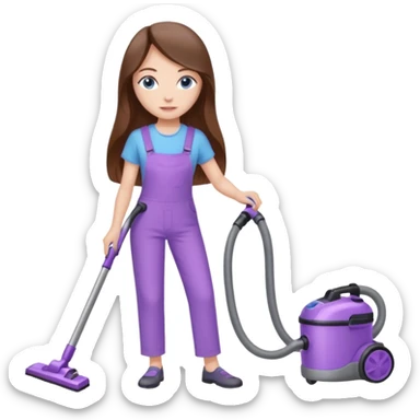 beautiful girl with long brown hair, blue eyes and wearing light purple clothes, cleaning and vacuuming sticker