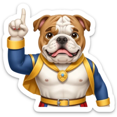 english bulldog pointing at a landmark, wearing a tour guide sash sticker