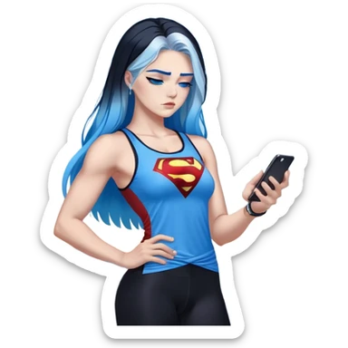 Shameful disappointed crying-very very very very big chest-texting on a samsung cell phone-very long straight flowing black to sky blue hair ombre-blue eyes-black eyeliner-long eyelashes-plastic sparkling sky blue very low cut tank top with sparkling superman logo-black leggings-nike sneakers sticker