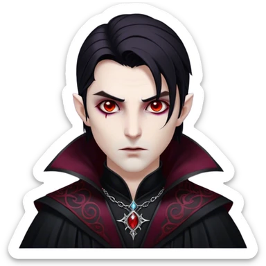 Cinematic Realistic WoW Vampire Mage Portrait, depicted with dark and mysterious elegance, wearing a flowing black robe intricately adorned with arcane silver filigree and esoteric runes. His pallid, almost ethereal skin contrasts with deep crimson, mesmerizing eyes, while his dark, slick hair falls in sleek strands. Rendered with lifelike texture and moody, dramatic lighting, high shine, noble and formidable, capturing the essence of a legendary vampire mage of Azeroth. sticker