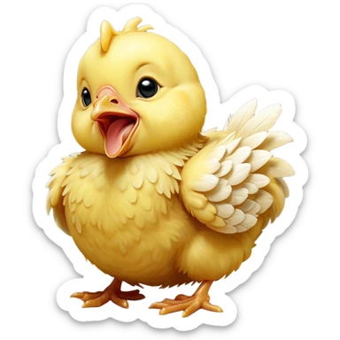 Cinematic Cute Yawning Yellow Baby Chicken Portrait Emoji, Head tilted slightly with a dramatic, wide-open yawn, showcasing a soft, downy yellow coat with little drooping wings, round beady eyes barely open in drowsy contentment, Simplified yet irresistibly adorable features, highly detailed, glowing with a soft, cozy glow, high shine, relaxed yet expressive, stylized with a touch of whimsical charm, bright and endearing, soft glowing outline, capturing the essence of a sleepy yet affectionate chick, so drowsy it feels like it could stretch out of the screen and curl up for a nap! sticker