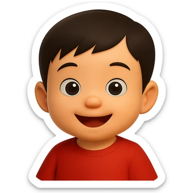 Edit the cute Asian baby boy emoji by changing the shirt to bright red while keeping the rest unchanged. Use a soft glossy texture and make it about 80% realistic. No background. sticker