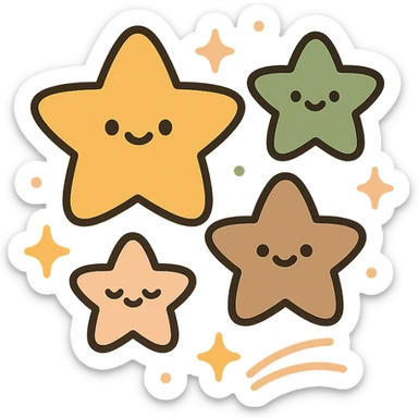 A  collection of cute, glowing stars floating gently in a soft, dreamy sky. The stars vary in size and are designed in a warm and whimsical color palette: golden orange (FA9B41), deep forest green (4A7C5C), muted taupe brown (96775A), and pastel peach (FFCC9A). Each star has a soft, rounded shape with tiny smiles or sparkles on their surfaces, giving them a friendly, magical look. Some are twinkling, while others leave gentle trails of light in peach and gold. The background is softly lit, creating a cozy, enchanted atmosphere like a bedtime story illustration. sticker