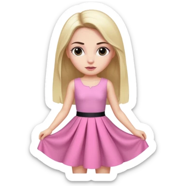 A photo of a white-skinned girl with black eyes and eyebrows and long bare hair, a beautiful pink skirt dress that has a lot of glamour and looks almost like a prince sticker