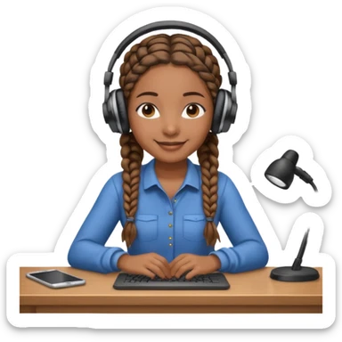 brown skinned female with braids sitting at a desk with headphones on sticker