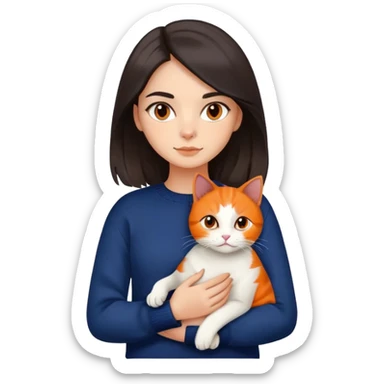 a girl who has dark medium brunette silky hair color with ivory skin color and has dark brown eyes and has dark brown eyebrows wearing an dark blue sweather and holding on her arm is a tricolor cat who has black orange and white colors on it  sticker