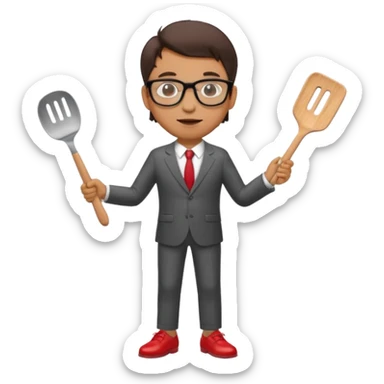 man with glasses wearing a suit and red shoes holding a spatula sticker