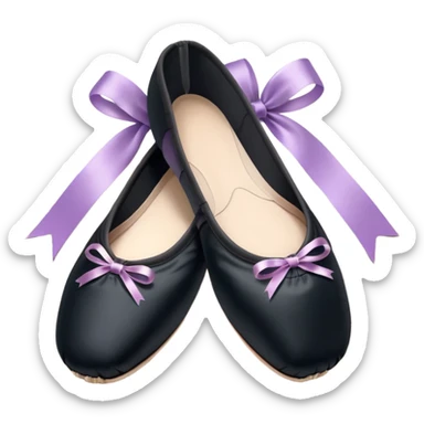cinematic-realistic-ballet-shoes,-soft-satin-black-pointe-shoes-with-delicate-ribbons,-resting-gently-on-a-polished-wooden-floor,-subtle-creases-in-the-fabric,-glowing-under-the-warm-golden-light-of-a-rehearsal-studio,-evoking-ele sticker