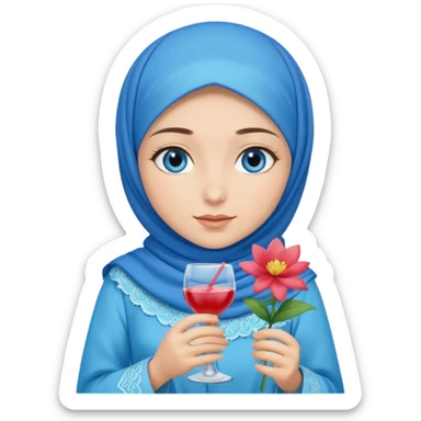 Turkish beautiful finish Konya girl blue eyes with blue hijab islamic dress and had on her hand flower mocktail sticker