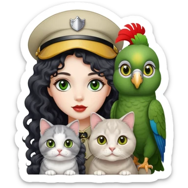 Girl with long black curly hair green hazel eyes white skin big lips big eyes with 2 cats one gray Scottish fold and one beige shiraz with big hair and one Casco parrot sticker