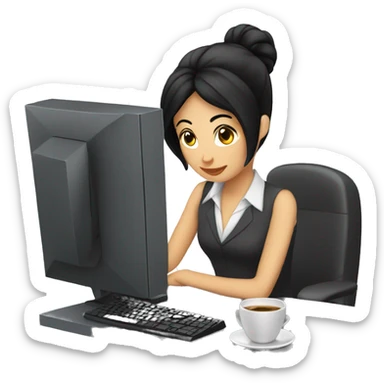Secretary black hair computer and drinking coffee sticker