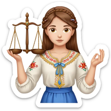 Ukrainian girl with brown hair wearing traditional embroidered shirt (vyshyvanka) holding scales of justice in her hand sticker