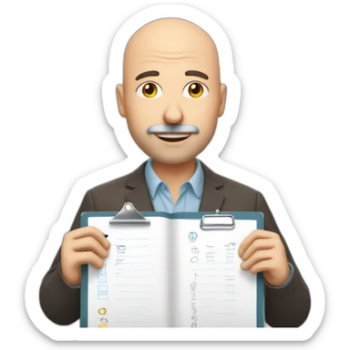 middleage bald male white with some facial hair holding checklist with a pen sticker