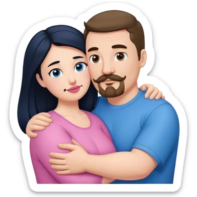 Tall strong white man with brown mustache goatee wearing blue hugging a chubby short pale woman with long black hair wearing pink sticker
