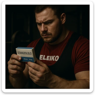 European powerlifter in competition clothing checking a box of tablets labeled 'STANOZOLOLO', attentive look, private environment, secretive atmosphere, realistic details, gym background sticker