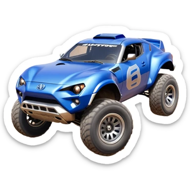 Satan’s evil night blue Dirty and dented Local Motors Rally Fighter off road race car hot rod meets 2013 Toyota 86 trophy truck-style basher flying on a dusty road (silver wheels) sticker