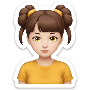 beautiful girl with brown hair with up twin buns style only, straight bangs, yellow eyes, milk brown tshirt, white skin, her body is a little fat  sticker