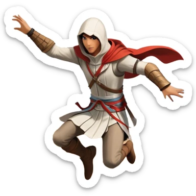 An icon featuring a hero performing a leap of faith from a tower in Florence, inspired by adventure games like Assassin's Creed. The design captures the dramatic moment mid-air, with detailed architecture and a bustling city below. Transparent background sticker