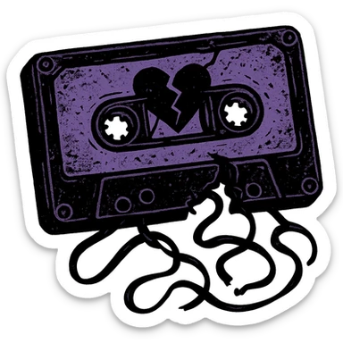 emo style black and purple broken cassette tape, no background sticker