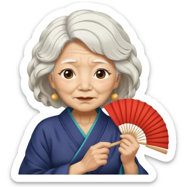 japanese culture old woman with white wavy hair and wrinkles holds a fan to cover her face sticker