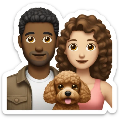 A couple consisting of white woman with straight dark hair and a mixed race man holding a toy poodle light brown color sticker