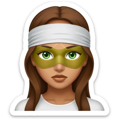 Greeneyed Woman with Long Brown hair completely blindfolded sticker