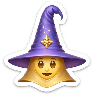 Clash of Clans aesthetic: Cinematic Playful Wizard's Hat Emoji, rendered in a 3D vector-style similar to standard emojis with minimal shading and bold, simplified shapes. A compact, isometric pointy hat with a wide brim adorned with mystical symbols and subtle enchanted shimmer, softly glowing with a magical whimsical charm. Simplified yet unmistakably iconic, highly detailed and consistent, glowing with a soft radiant glow and high shine. Stylized with a touch of classic sorcery and a soft glowing outline, capturing the essence of a legendary wizard’s hat with a friendly, playful manner! sticker